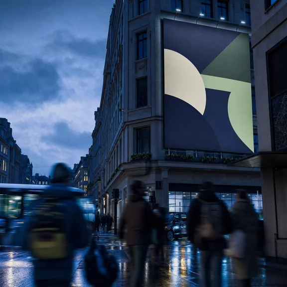 A city street at blue hour, a large new billboard high on a corner building above pedestrians passing in the rain