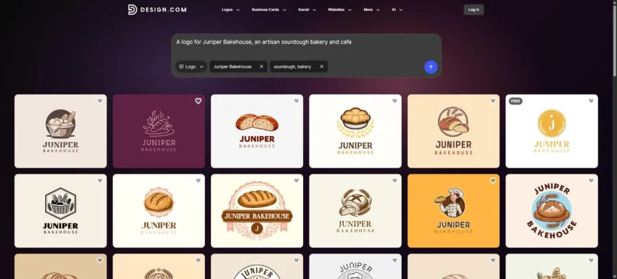 AI logo generator test on Design.com: 12 similar bread and wheat logos for Juniper Bakehouse