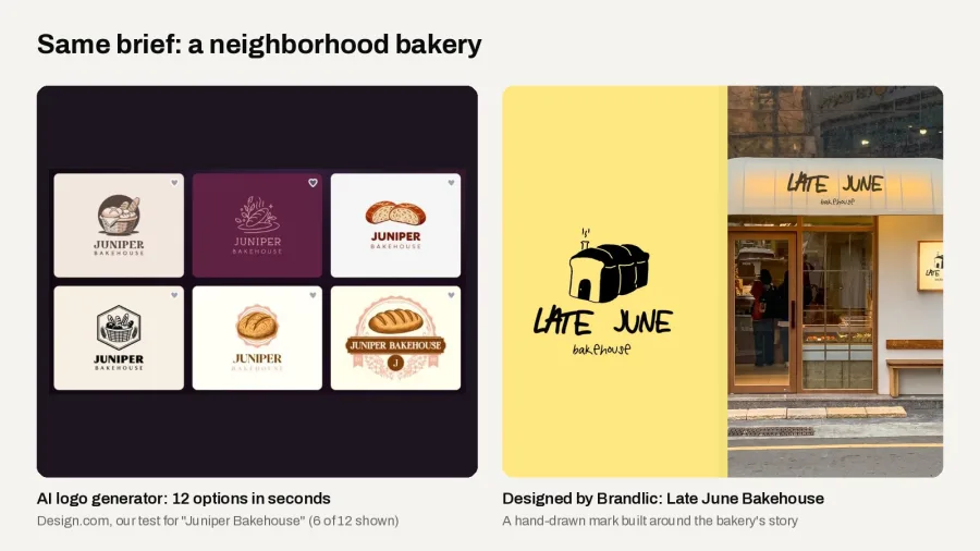 AI logo generator vs designer: generic AI bakery logos next to the Late June Bakehouse identity by Brandlic