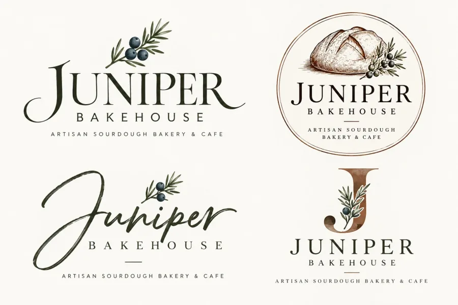 ChatGPT logo test for Juniper Bakehouse showing four variations of one juniper sprig idea