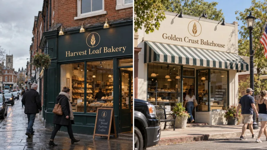 Illustration of two different bakeries using the same generic wheat logo on their signs