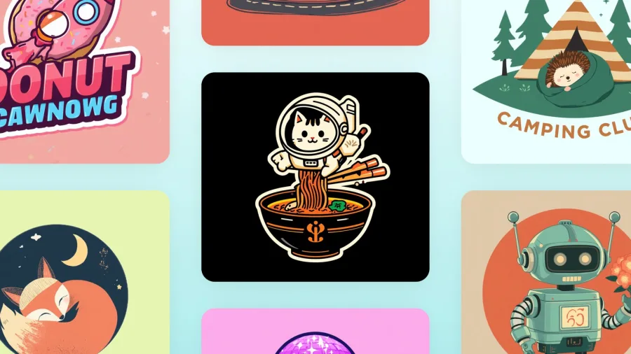Canva AI logo generator showcase including a donut logo with garbled lettering