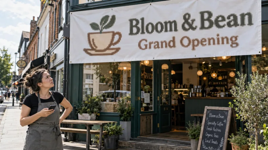 Illustration of a cafe owner looking at a blurry, pixelated logo on a grand opening banner