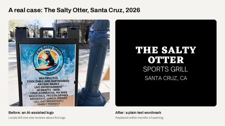 The Salty Otter in Santa Cruz before and after replacing its AI-assisted logo