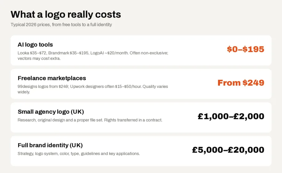 Logo design cost comparison for 2026, from AI tools to a full brand identity