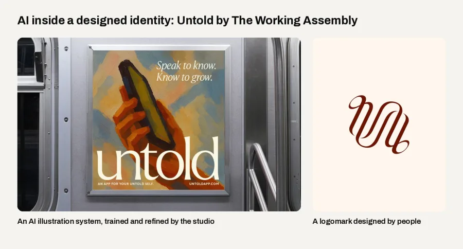 Untold brand identity by The Working Assembly combining AI illustration with a designed logomark