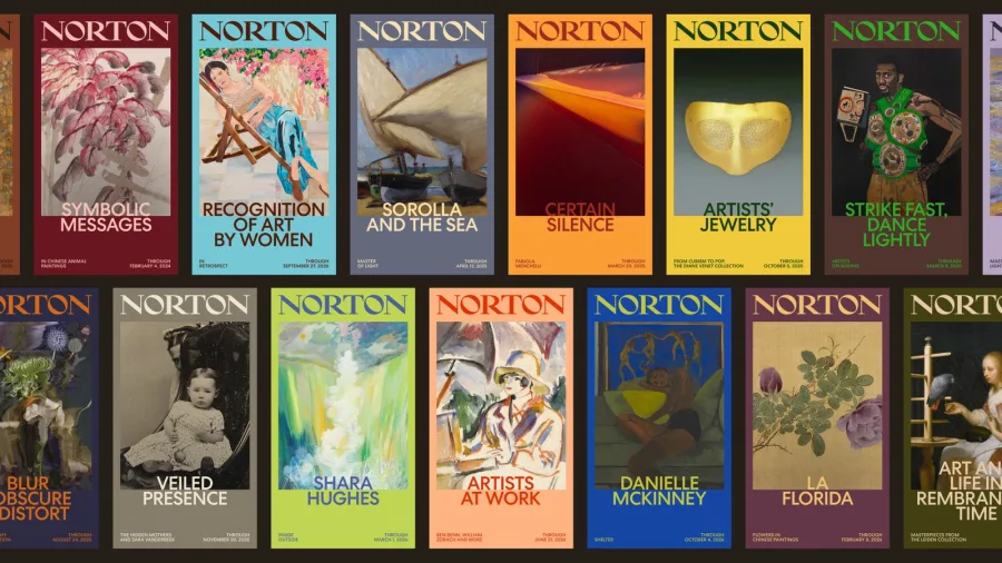 Norton Museum of Art identity by Koto shown across a wall of exhibition posters
