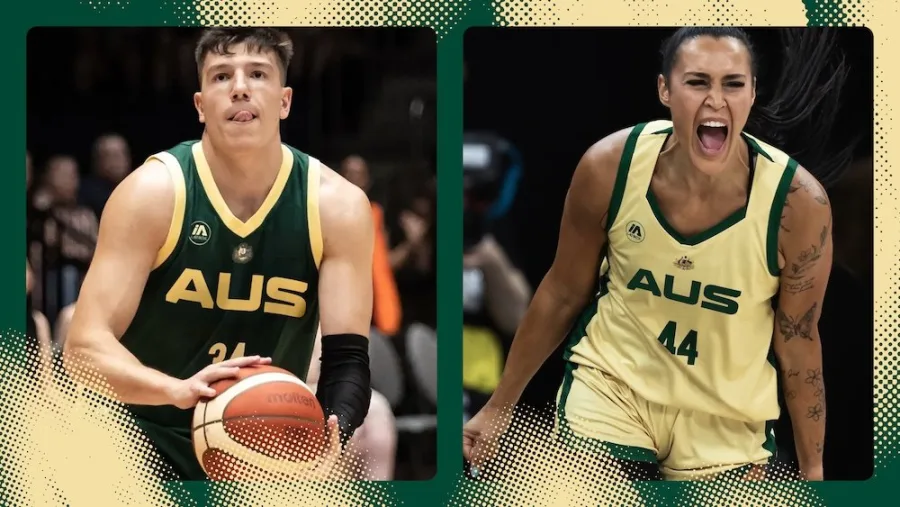 Basketball Australia players wearing the new AUS chest mark by Hulsbosch