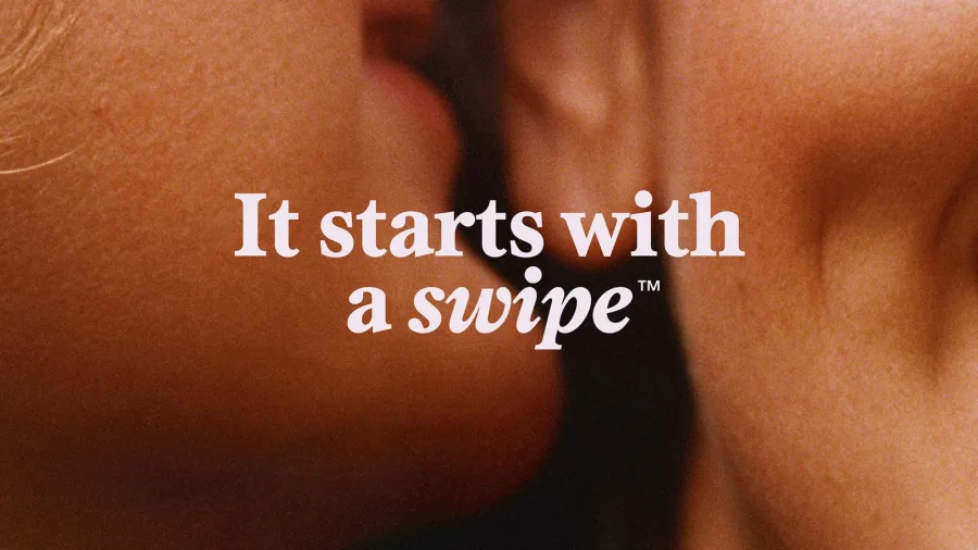 Tinder rebrand by Porto Rocha with the line It starts with a swipe
