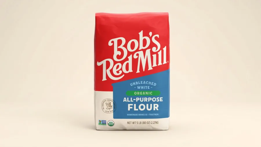 Bob's Red Mill flour bag in its new 2026 packaging design