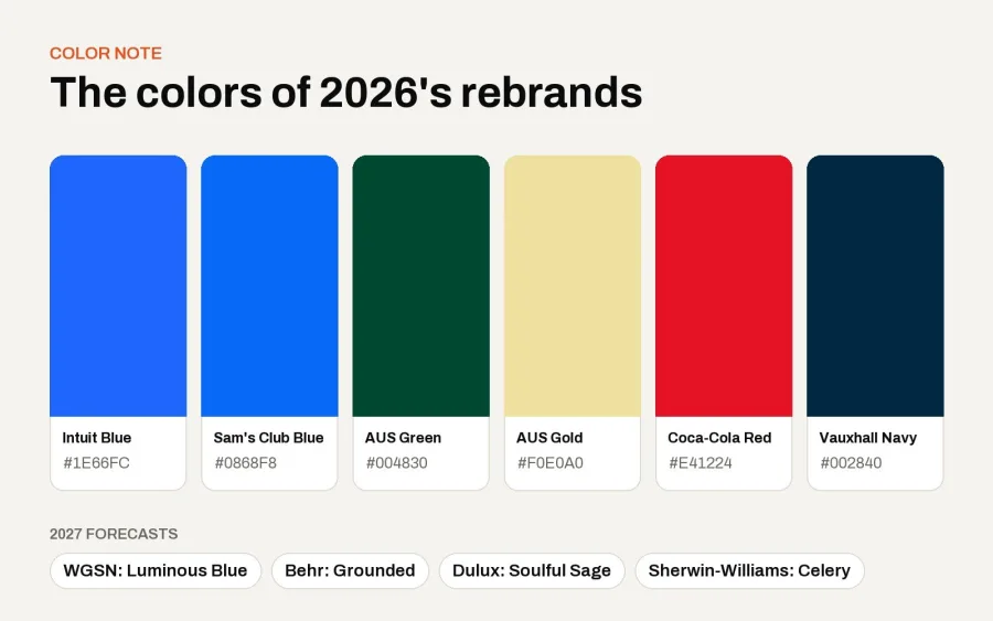 Brand colors from 2026 rebrands with hex codes and 2027 color forecasts