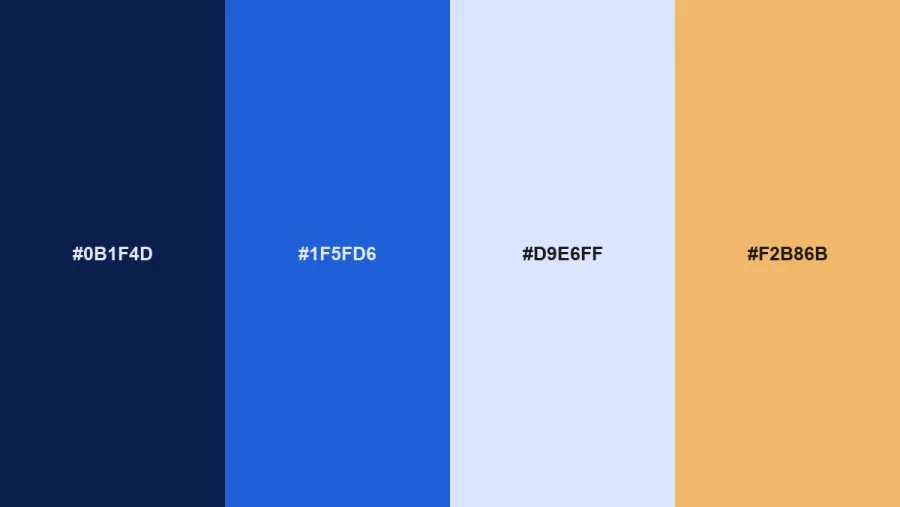 Luminous Blue Hour swatches from our 2027 color palettes for branding: #0B1F4D, #1F5FD6, #D9E6FF, #F2B86B