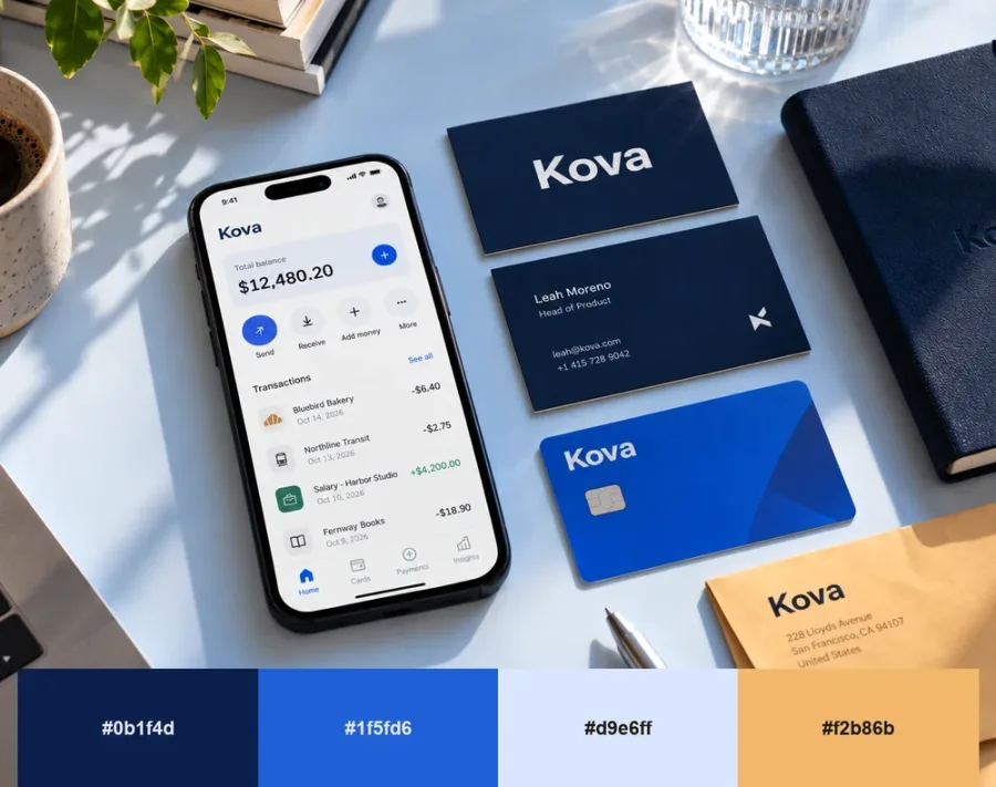 Kova fintech business cards, notebook and banking app in luminous blue and navy with a sand envelope