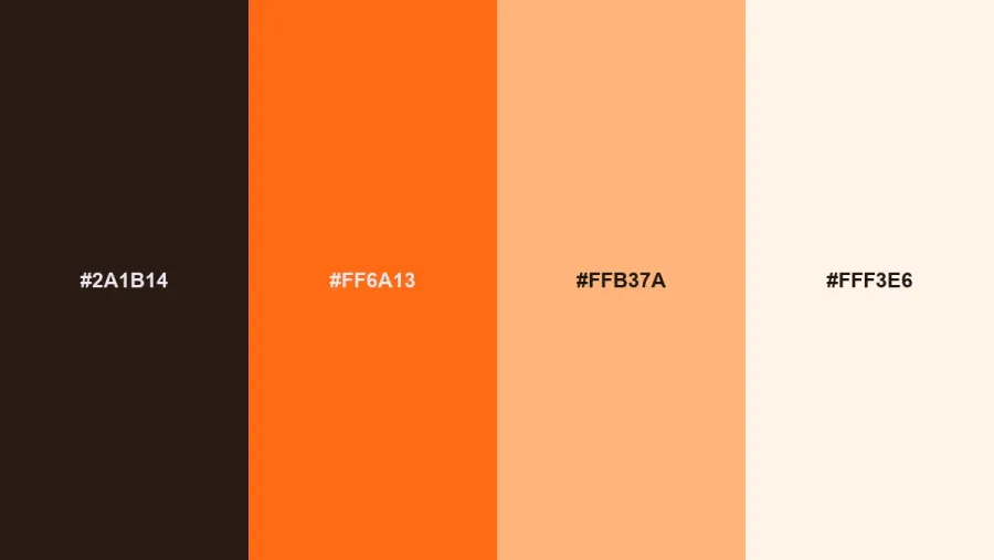 Energy Orange swatches from our 2027 color palettes for branding: #2A1B14, #FF6A13, #FFB37A, #FFF3E6