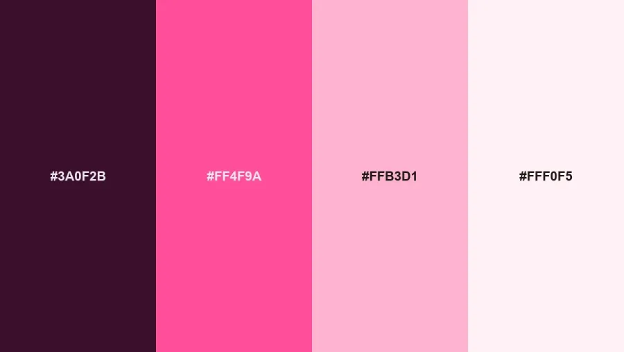 Pop Pink swatches from our 2027 color palettes for branding: #3A0F2B, #FF4F9A, #FFB3D1, #FFF0F5