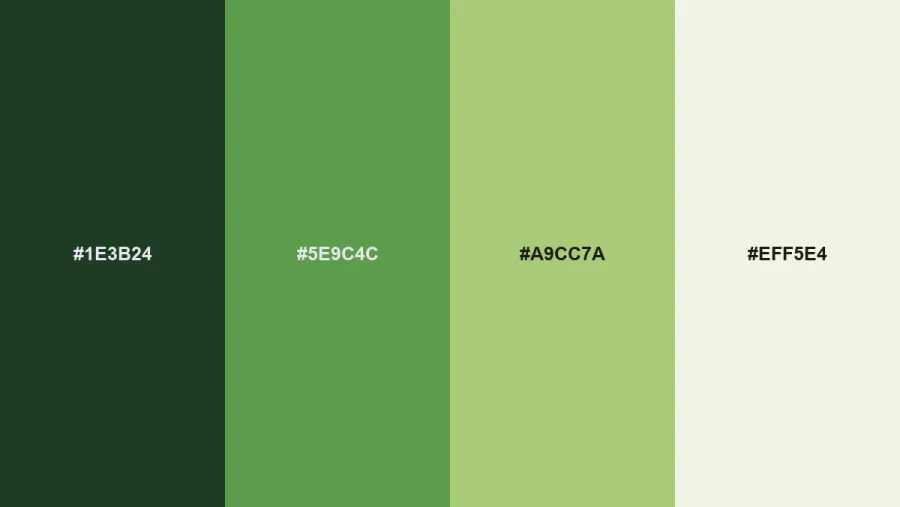 Meadowland swatches from our 2027 color palettes for branding: #1E3B24, #5E9C4C, #A9CC7A, #EFF5E4