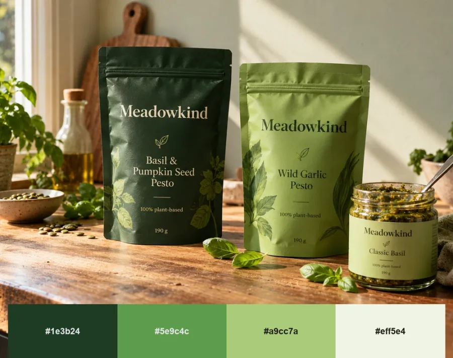 Meadowkind plant-based pesto pouches and jar in forest and meadow green on a sunlit kitchen counter