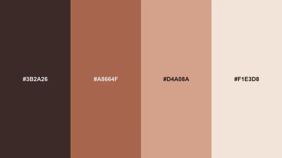 Rose Clay color palette with hex codes #3B2A26, #A8664F, #D4A08A and #F1E3D8