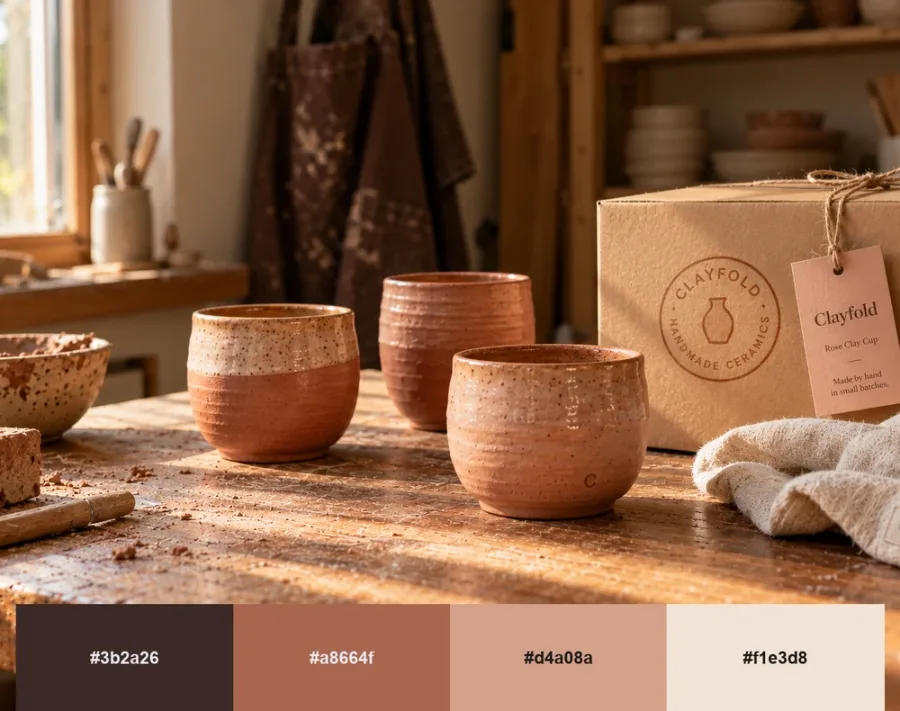 Clayfold handmade ceramic cups in rose clay glaze with a stamped kraft box and swing tag