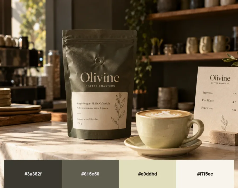 Olivine Coffee Roasters olive coffee bag and celery-green flat white cup on a stone counter