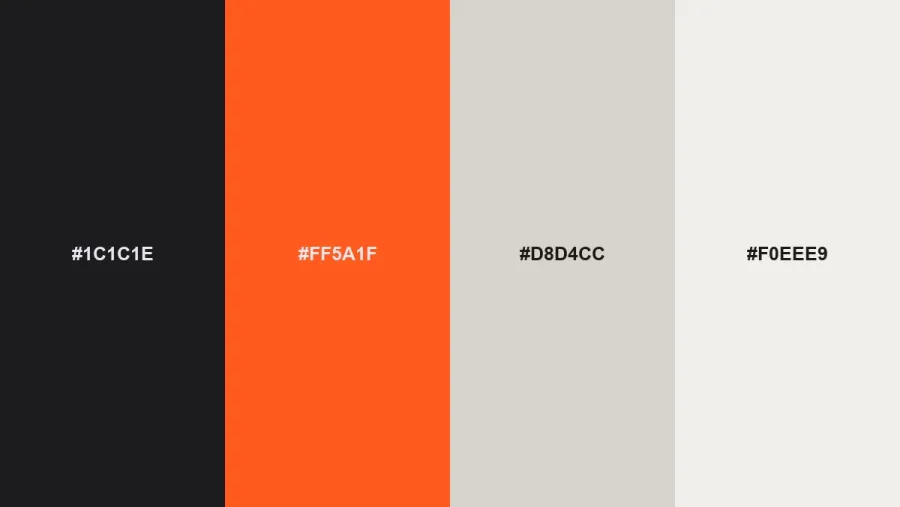 Cloud Dancer reworked color palette with hex codes #1C1C1E, #FF5A1F, #D8D4CC and #F0EEE9