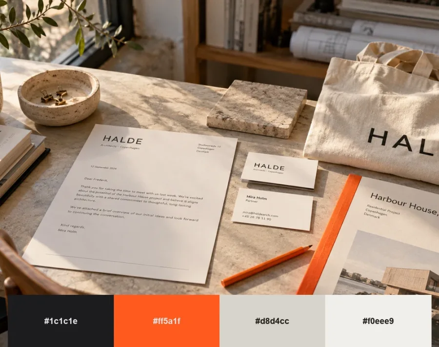 Minimal off-white stationery for Halde Architects with black type and one bright orange accent