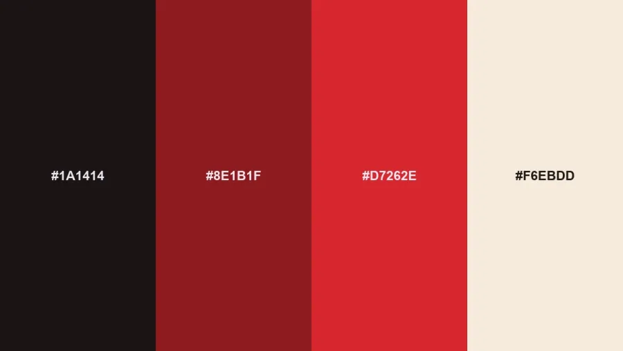 Heritage Red swatches from our 2027 color palettes for branding: #1A1414, #8E1B1F, #D7262E, #F6EBDD