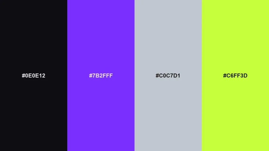 Hyper Chroma color palette with hex codes #0E0E12, #7B2FFF, #C0C7D1 and #C6FF3D
