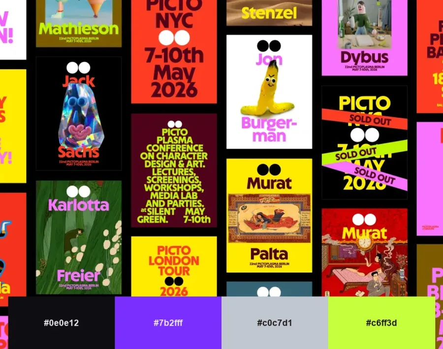 Pictoplasma 2026 festival posters by andstudio in yellow, pink and red