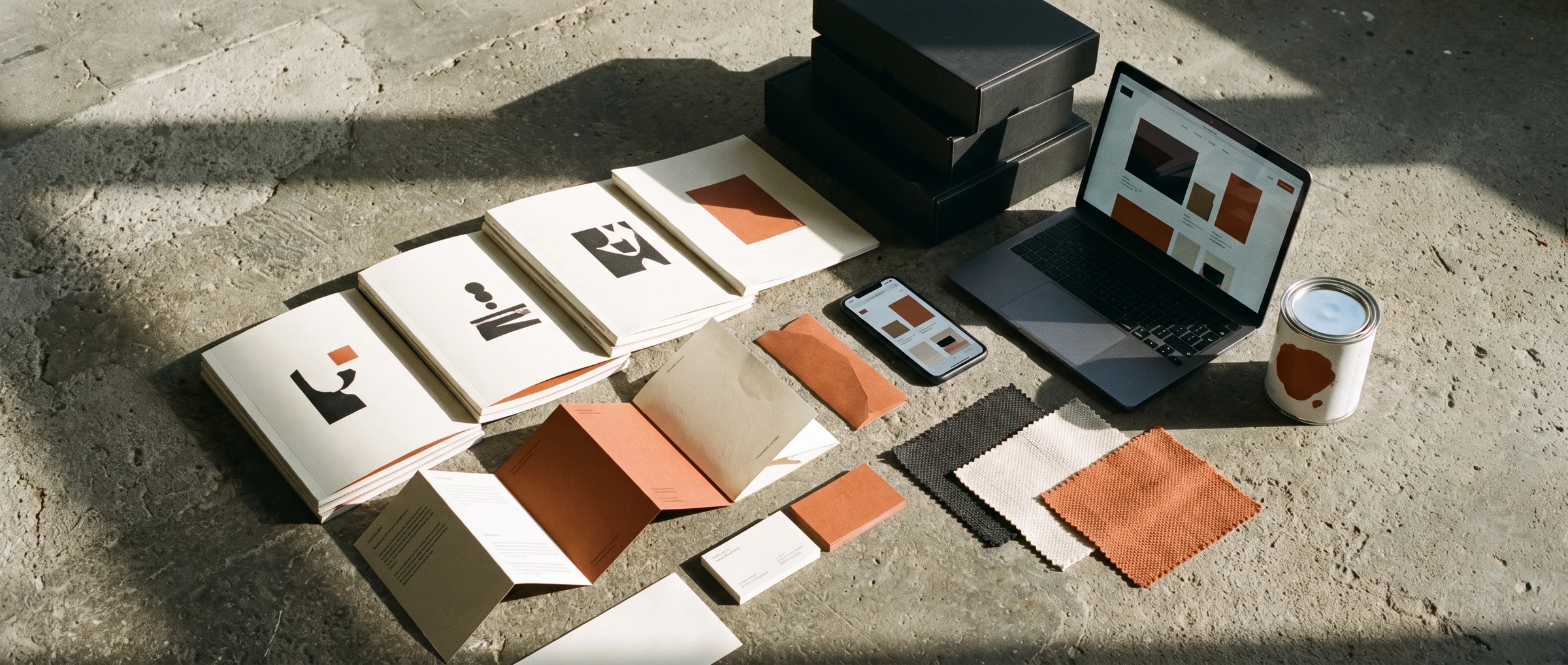 Brandlic studio work laid out: printed books, brochures, material swatches and digital screens