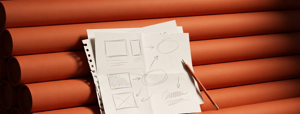 Pencil wireframe sketches and a pencil resting on a stack of orange packing tubes