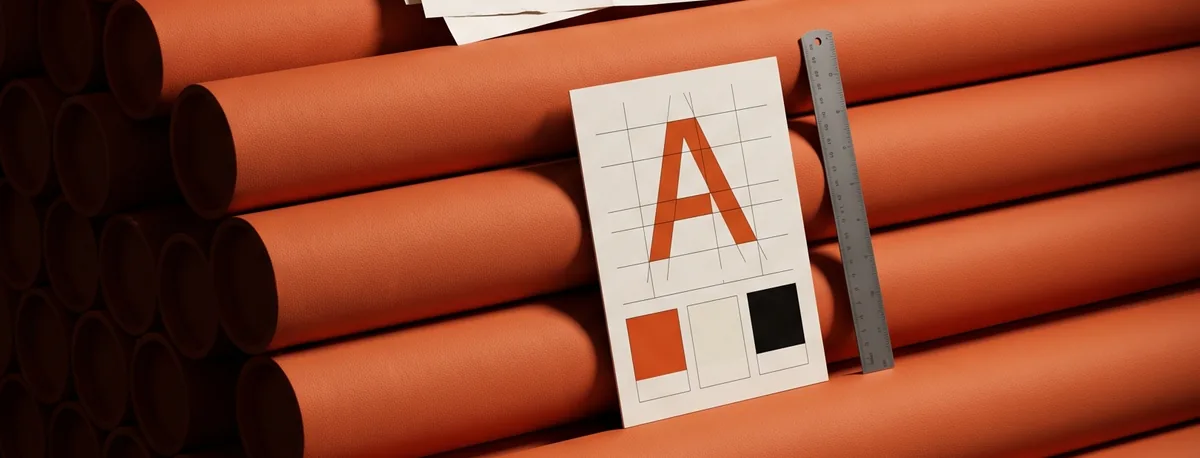 A type specimen sheet showing the letter A on a grid, with a steel ruler and the three brand colour swatches