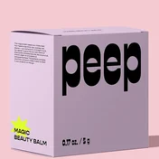The peep beauty balm box, its wordmark in black on lilac