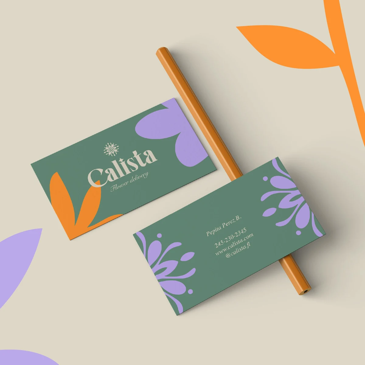 Calista: business cards in sage green with lilac petal shapes