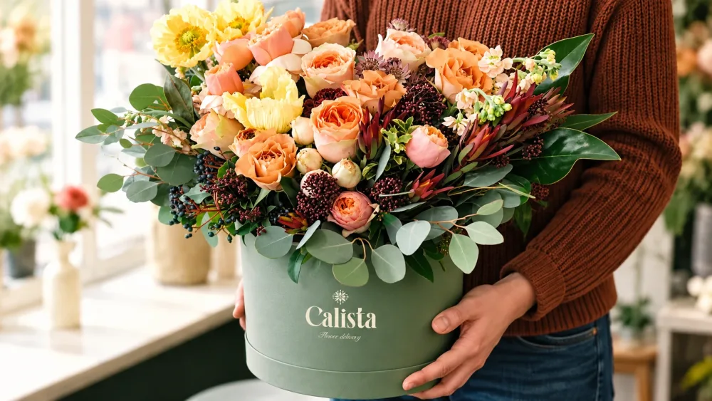 Calista: a bouquet in the sage hatbox carrying the Calista wordmark