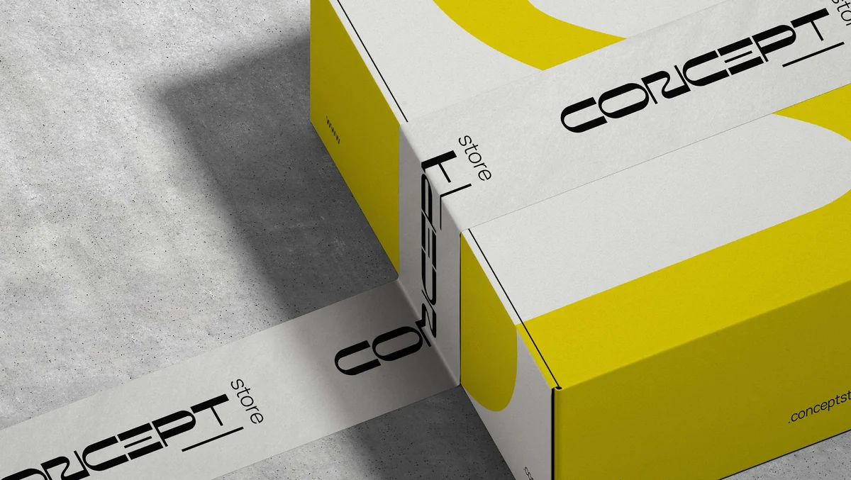 Concept Store: shipping box and printed tape in yellow and white