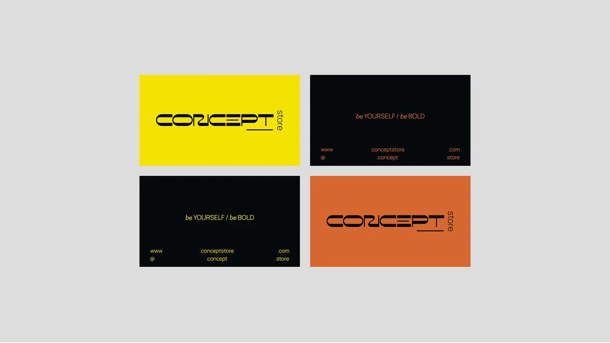 Concept Store: business cards in yellow, black and orange carrying the be yourself, be bold line