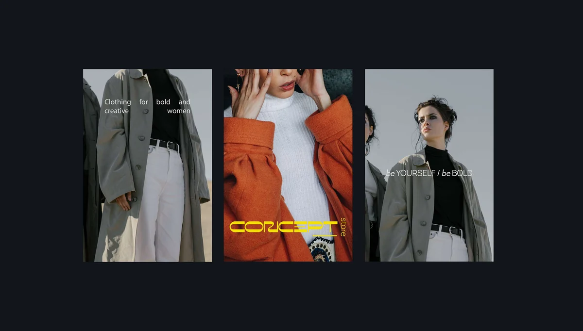 Concept Store: the campaign layout on a dark ground, three looks across the page