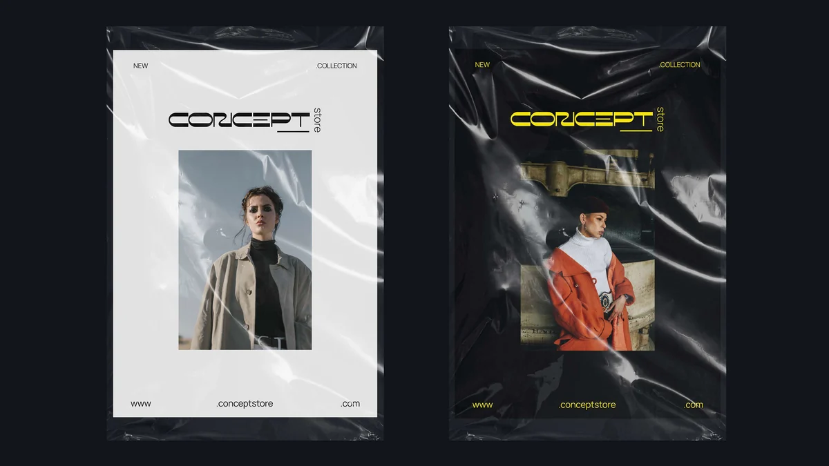 Concept Store: garment packs in clear and black film with lookbook inserts
