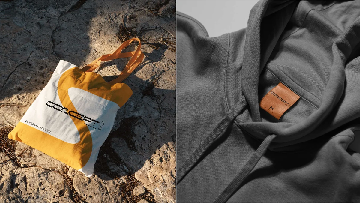Concept Store: the cotton tote outdoors and the woven orange label on a hooded sweatshirt