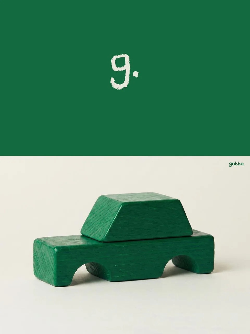 GOTTO: the g. monogram above the green block-built toy car that inspired the mark