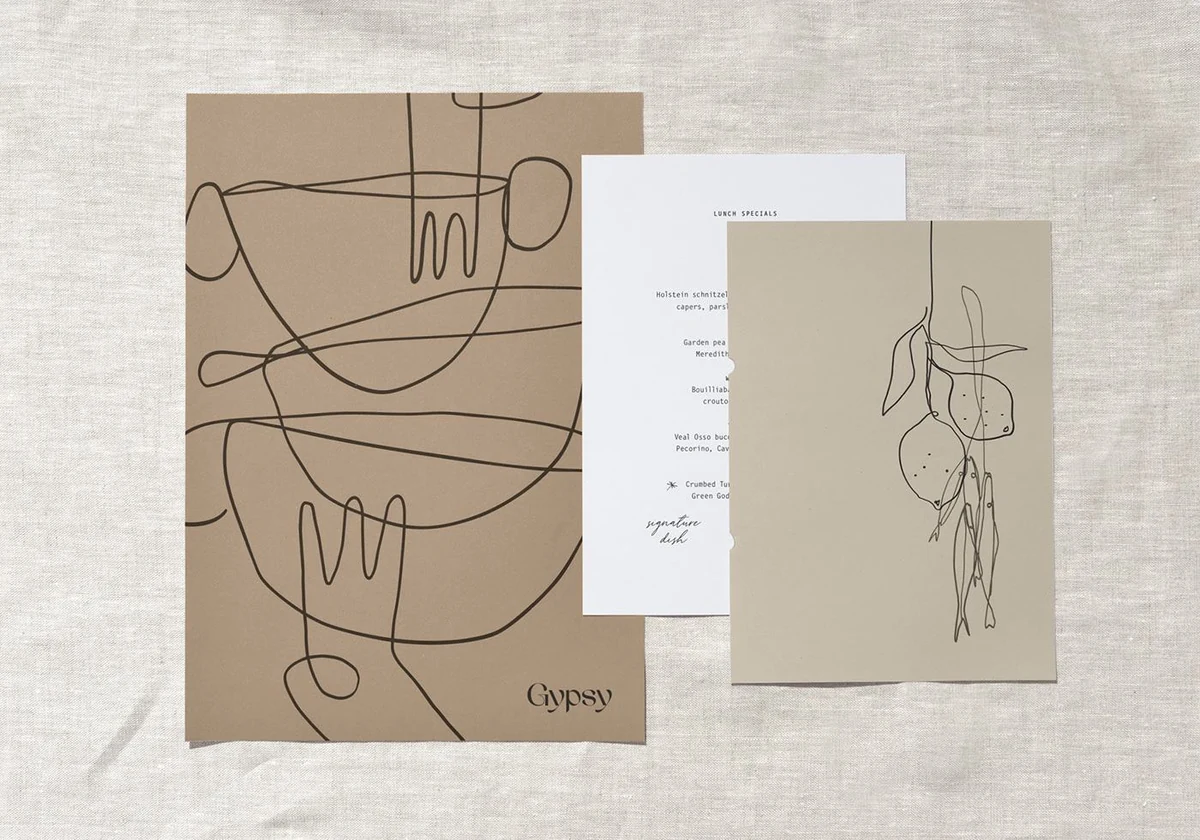 Gypsy: printed menus carrying the single-line illustrations