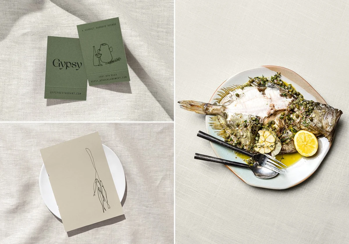 Gypsy: business cards, a plated dish and the napkin card
