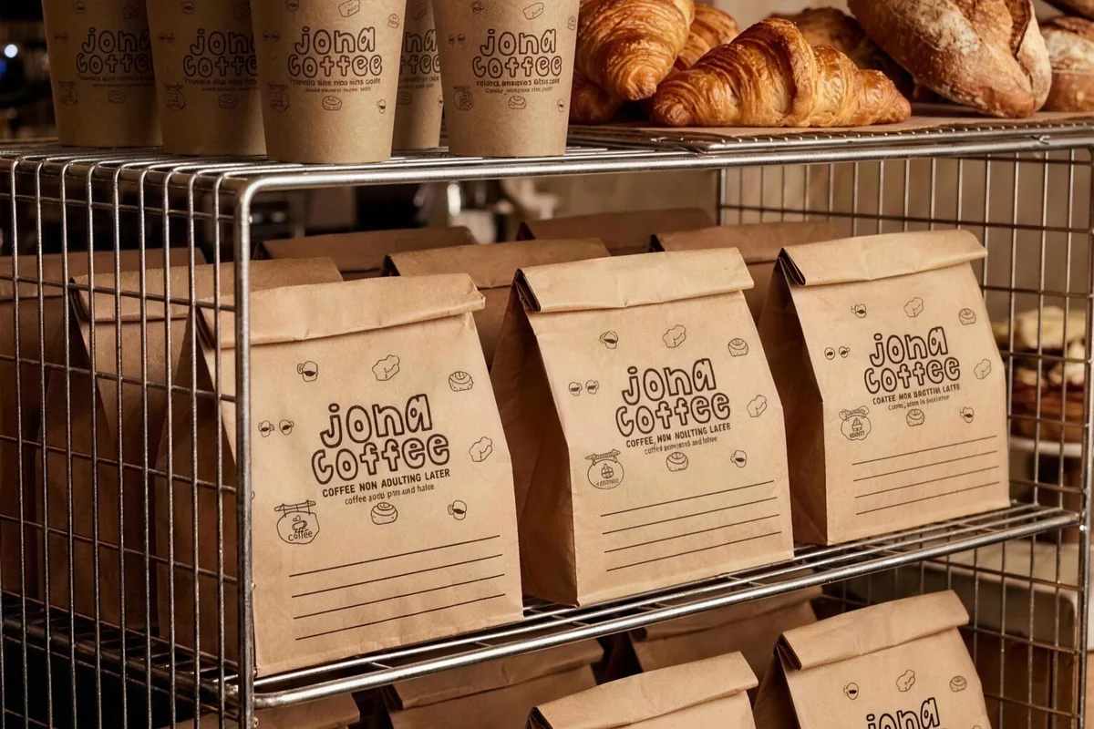 Jona Coffee: kraft coffee bags on the wire rack
