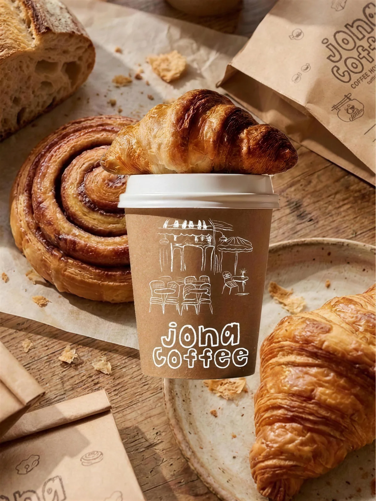 Jona Coffee: the illustrated takeaway cup with pastries