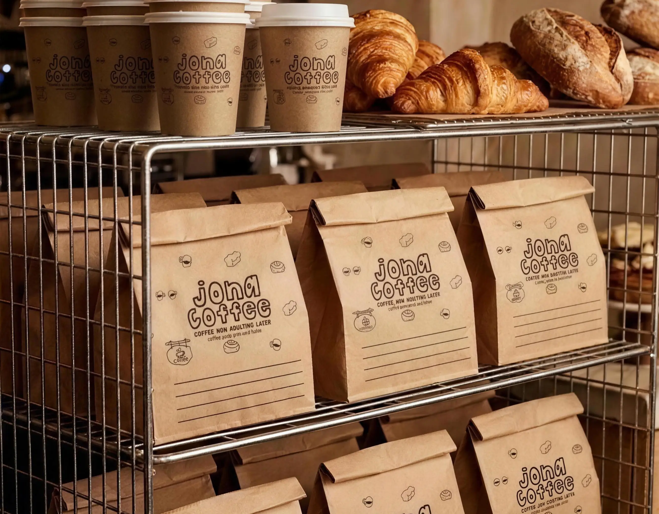Jona Coffee: kraft coffee bags on the wire rack