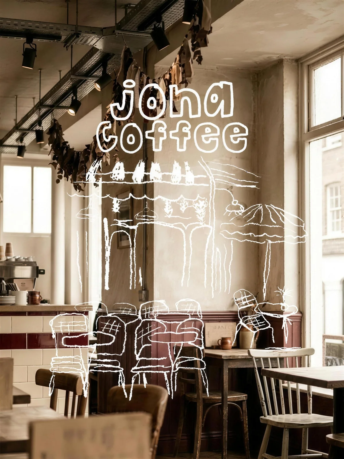Jona Coffee: the room with the illustration across the window