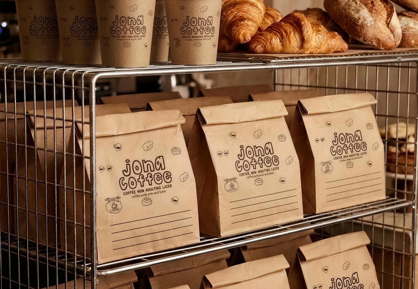Jona Coffee: kraft coffee bags on the wire rack