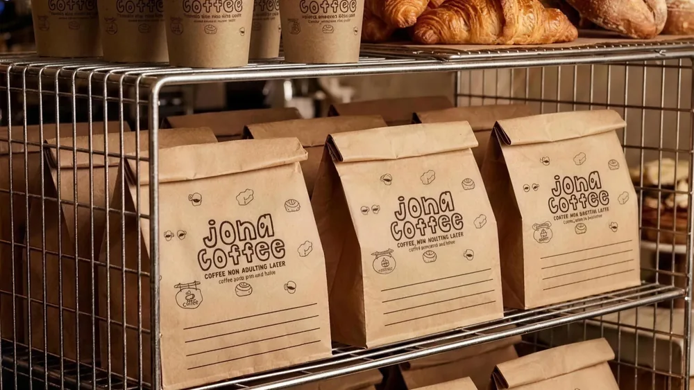 Jona Coffee: kraft coffee bags on the wire rack