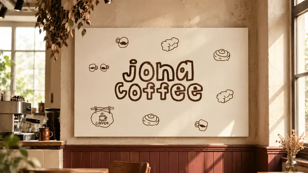 Jona Coffee: the hand-drawn logo and café doodles on a wall sign